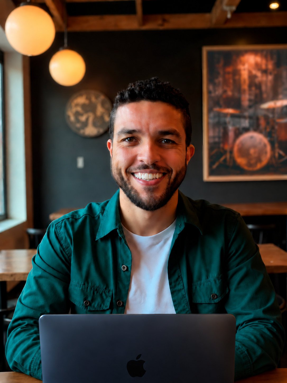 Thiago Marques smiling at a laptop in a café